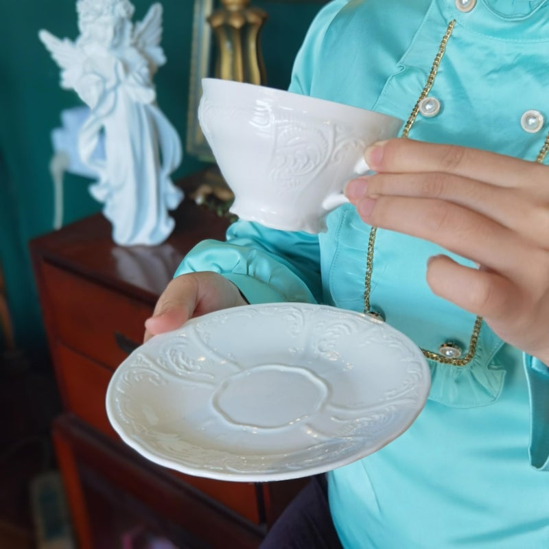 PULCHRITUDIE White Fine Porcelain 7 Oz Teacup Saucer Set, Sculpture Surface, Light Weight, Set of Four - Image 4